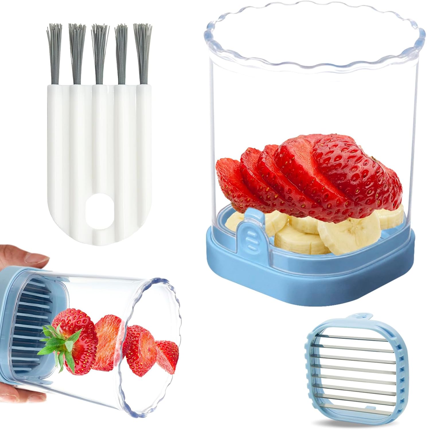 Strawberry Slicer：Fruit Slicer Cup Veggie Salad Speed Cutter for Strawberries Egg Banana Mushroom Cucumber Kiwi the Kitchen Portable Slicing Tool (Blue) Blue - Image 1
