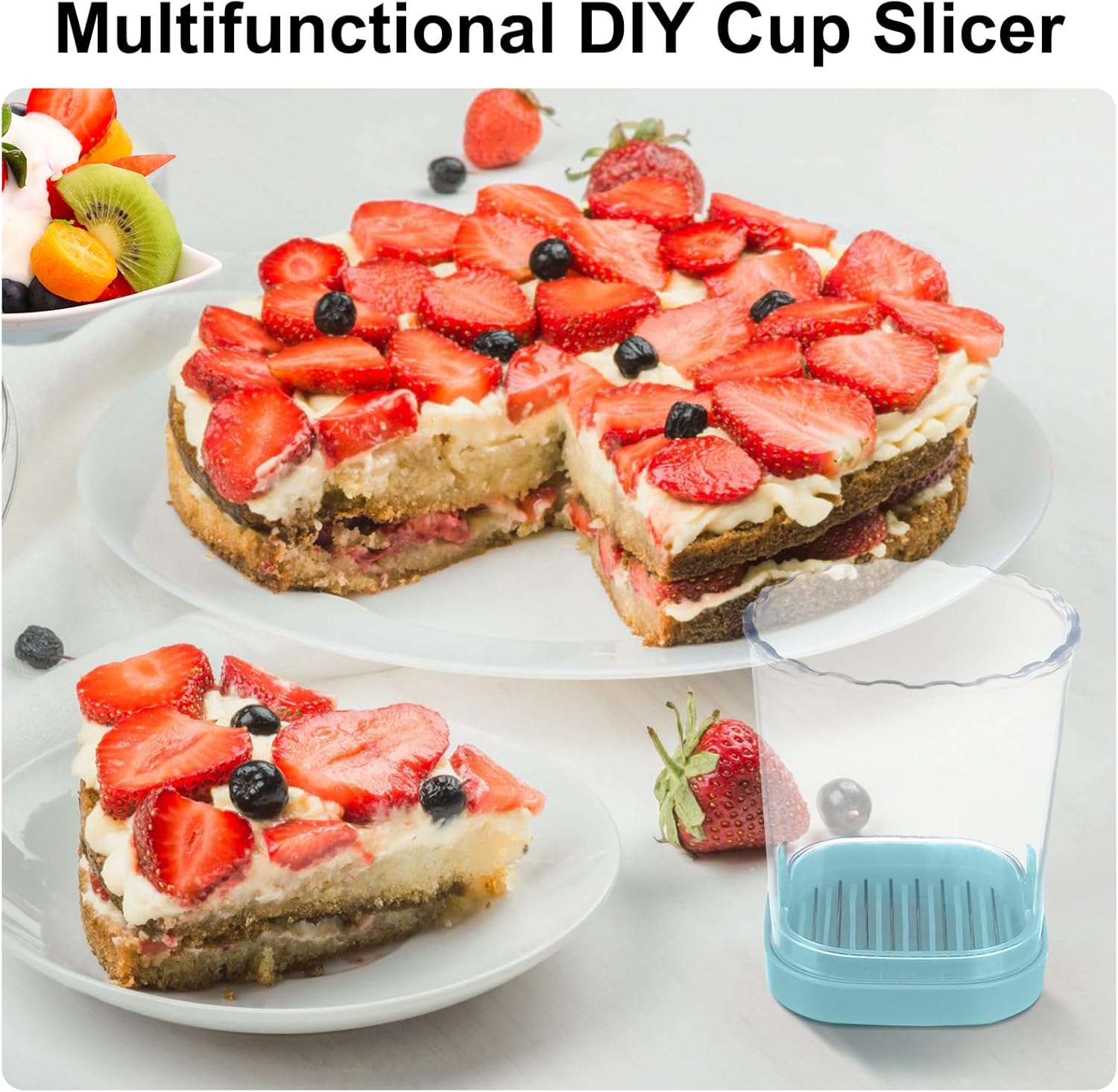 Strawberry Slicer：Fruit Slicer Cup Veggie Salad Speed Cutter for Strawberries Egg Banana Mushroom Cucumber Kiwi the Kitchen Portable Slicing Tool (Blue) Blue - Image 7