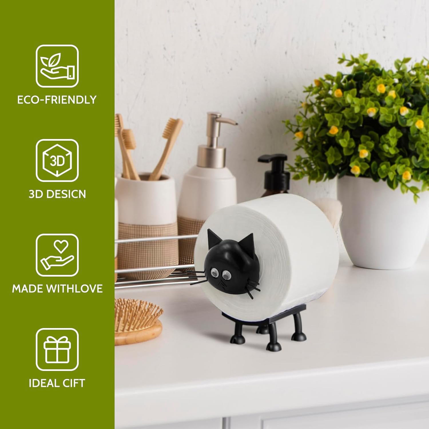 Cat Toilet Roll Holder: Tissue Paper Storage Stand - 3D Printed Black Loo Holder Bathroom Set for Shelf Housewarming Gift Decor (Cat-1Pcs) Cat-1pcs - Image 2