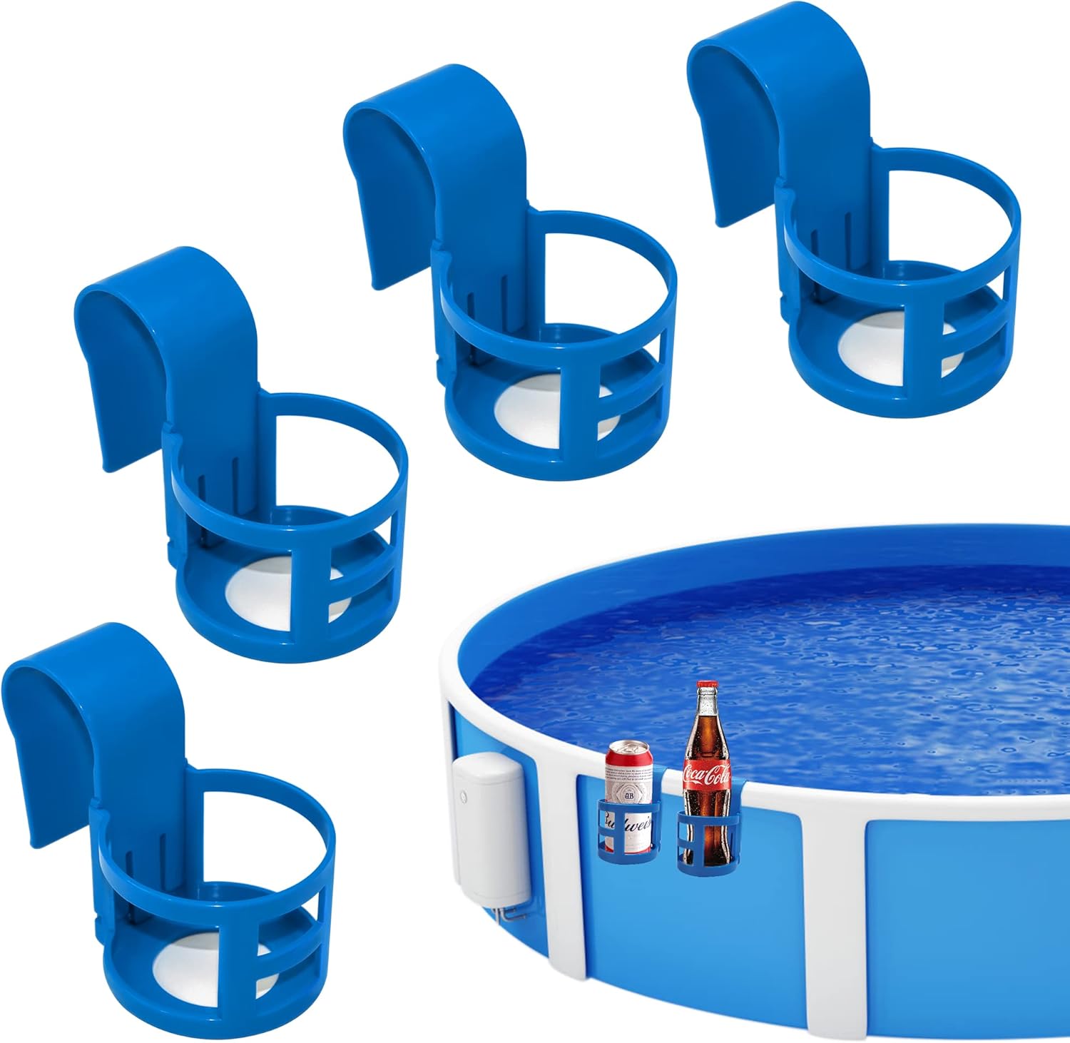 Poolside Cup Holder for Above Ground Pools, Pool Drink Holders Party ONLY FITS 2 Inch or Less Round Top Bar (Blue - 4 Pack) Blue Pack - Image 1