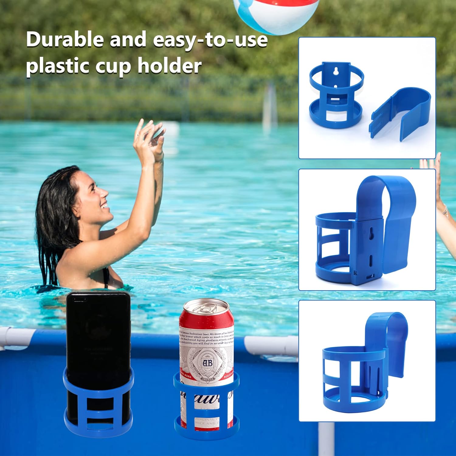 Poolside Cup Holder for Above Ground Pools, Pool Drink Holders Party ONLY FITS 2 Inch or Less Round Top Bar (Blue - 4 Pack) Blue Pack - Image 2