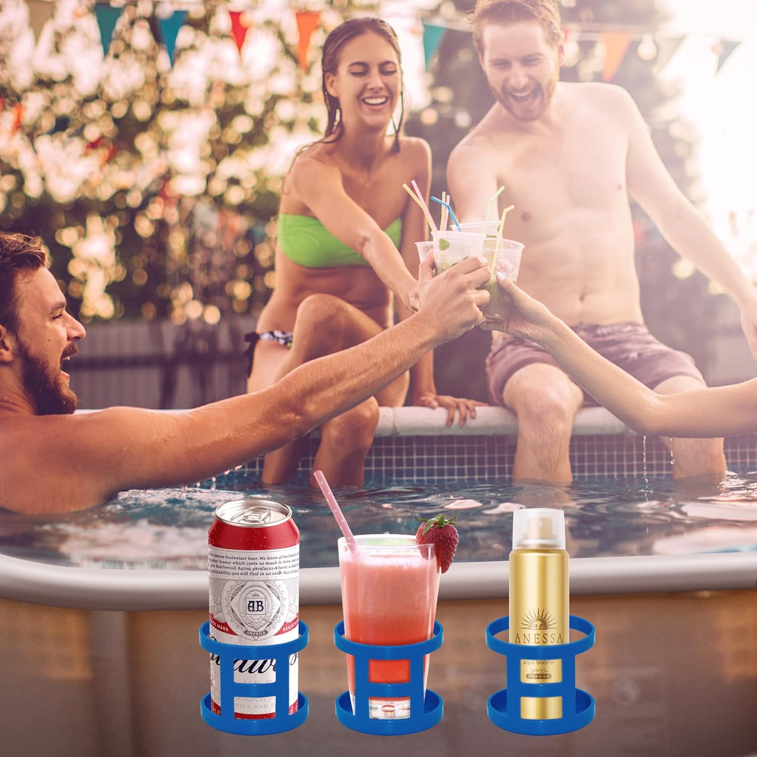 Poolside Cup Holder for Above Ground Pools, Pool Drink Holders Party ONLY FITS 2 Inch or Less Round Top Bar (Blue - 4 Pack) Blue Pack - Image 7