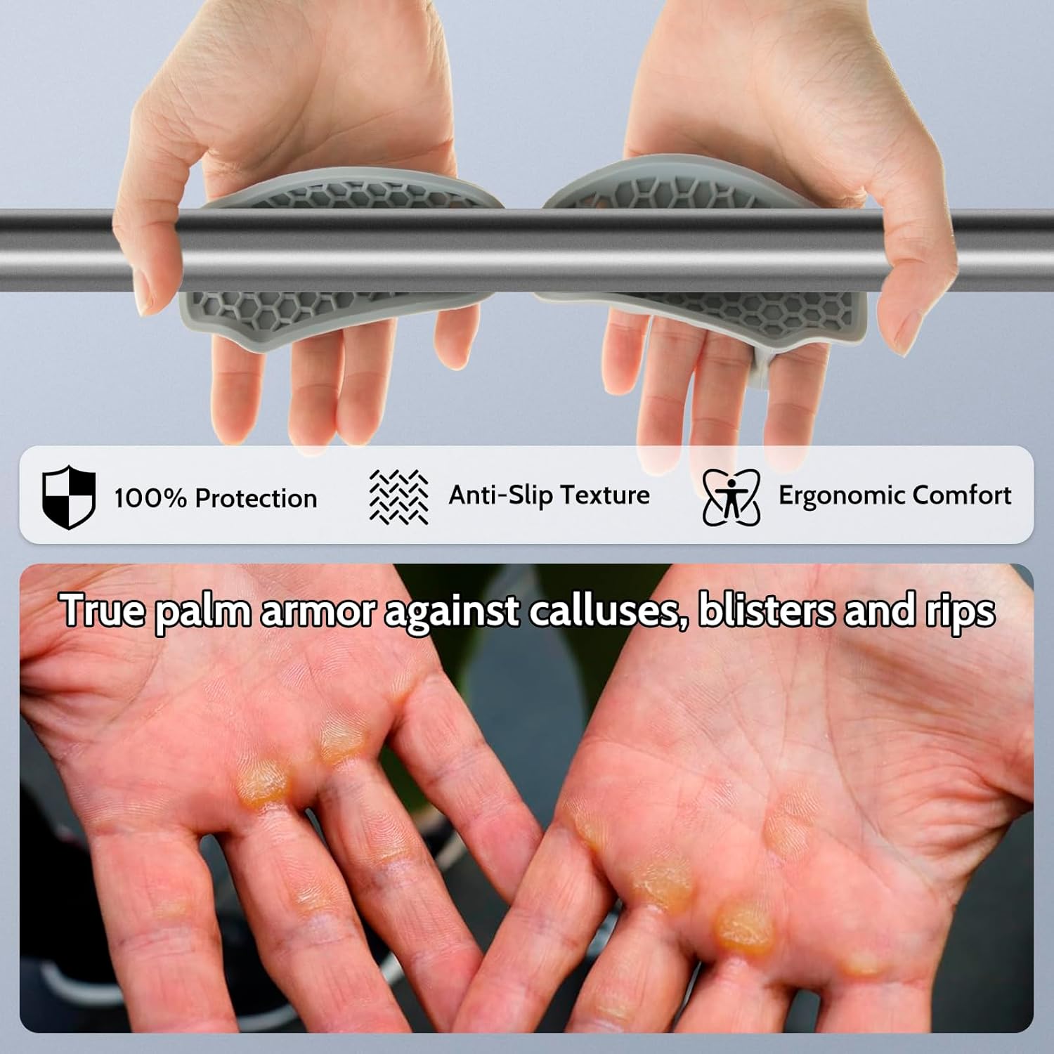 Weight Lifting Grips - Rubber Anti-Slip Workout Grips, Ergonomics Hand Protector Gloves for Gym Training and Exercise, Dumbbell, Bar Pad, Pull Up Men Women, No Sweaty (Grey) - Image 3