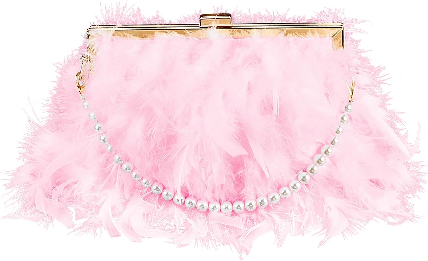 Feather Clutch Purses for Women, Evening Bags Furry Purse with 2 Chains Wedding Bride Fringe Glossy Designer Pink - Image 1