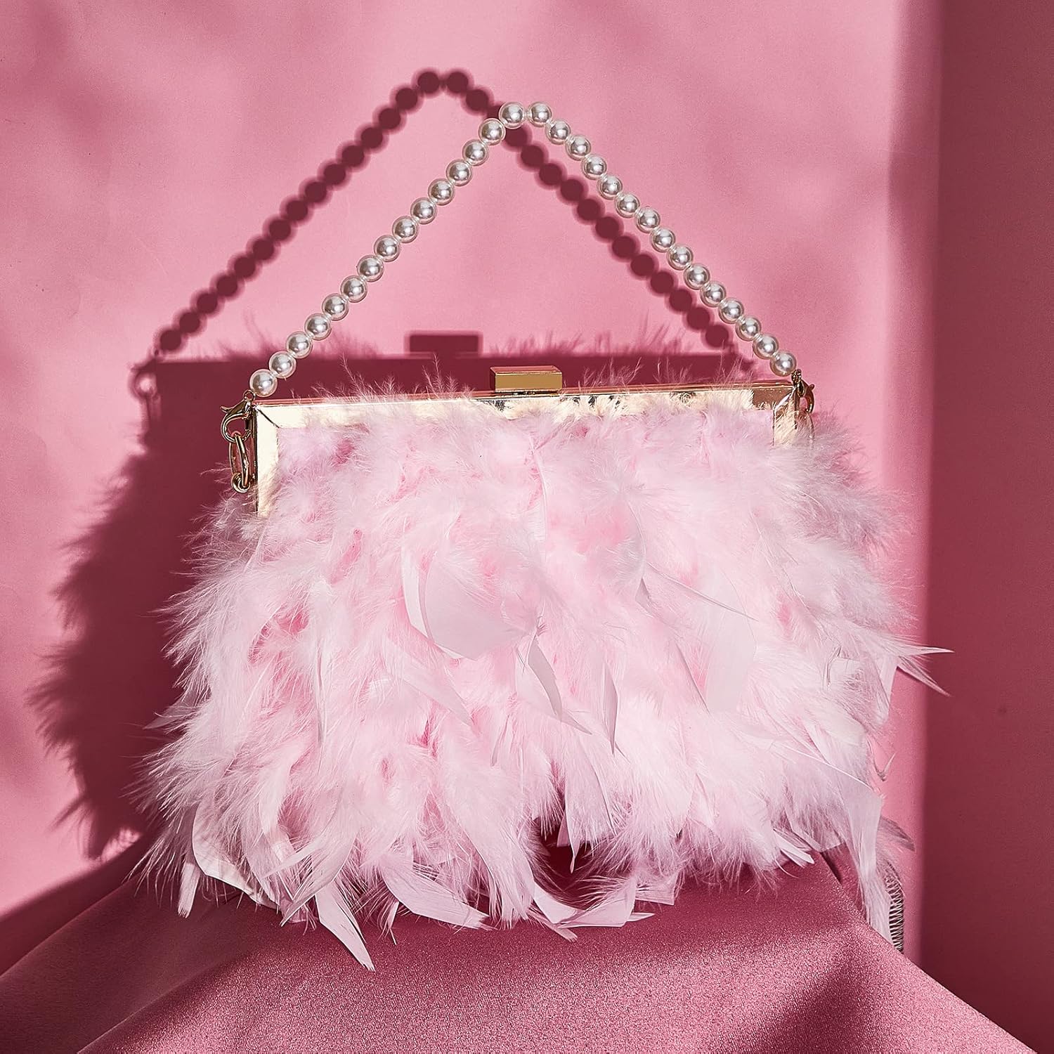 Feather Clutch Purses for Women, Evening Bags Furry Purse with 2 Chains Wedding Bride Fringe Glossy Designer Pink - Image 2