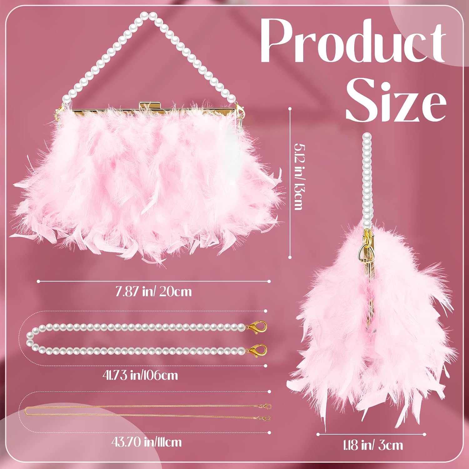 Feather Clutch Purses for Women, Evening Bags Furry Purse with 2 Chains Wedding Bride Fringe Glossy Designer Pink - Image 3