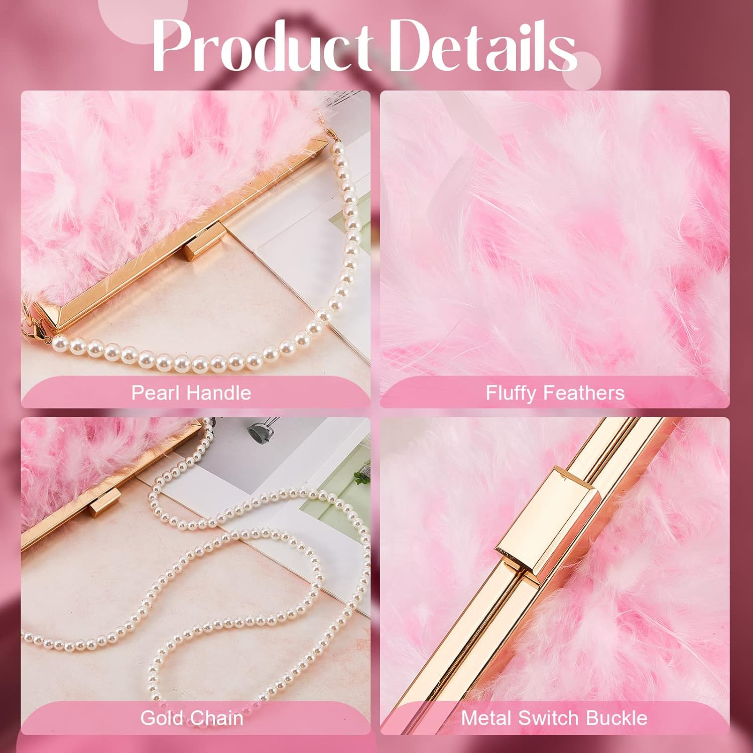Feather Clutch Purses for Women, Evening Bags Furry Purse with 2 Chains Wedding Bride Fringe Glossy Designer Pink - Image 4