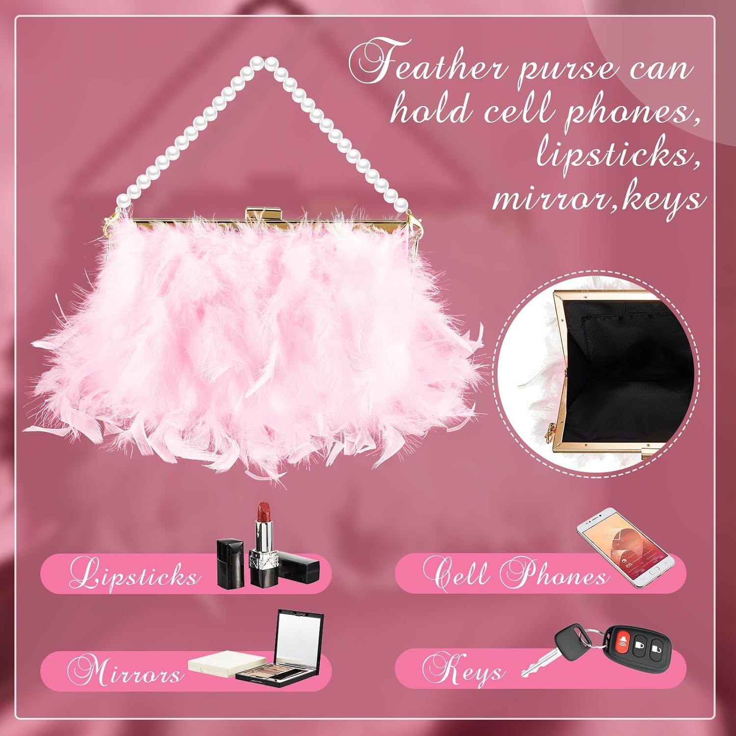 Feather Clutch Purses for Women, Evening Bags Furry Purse with 2 Chains Wedding Bride Fringe Glossy Designer Pink - Image 5