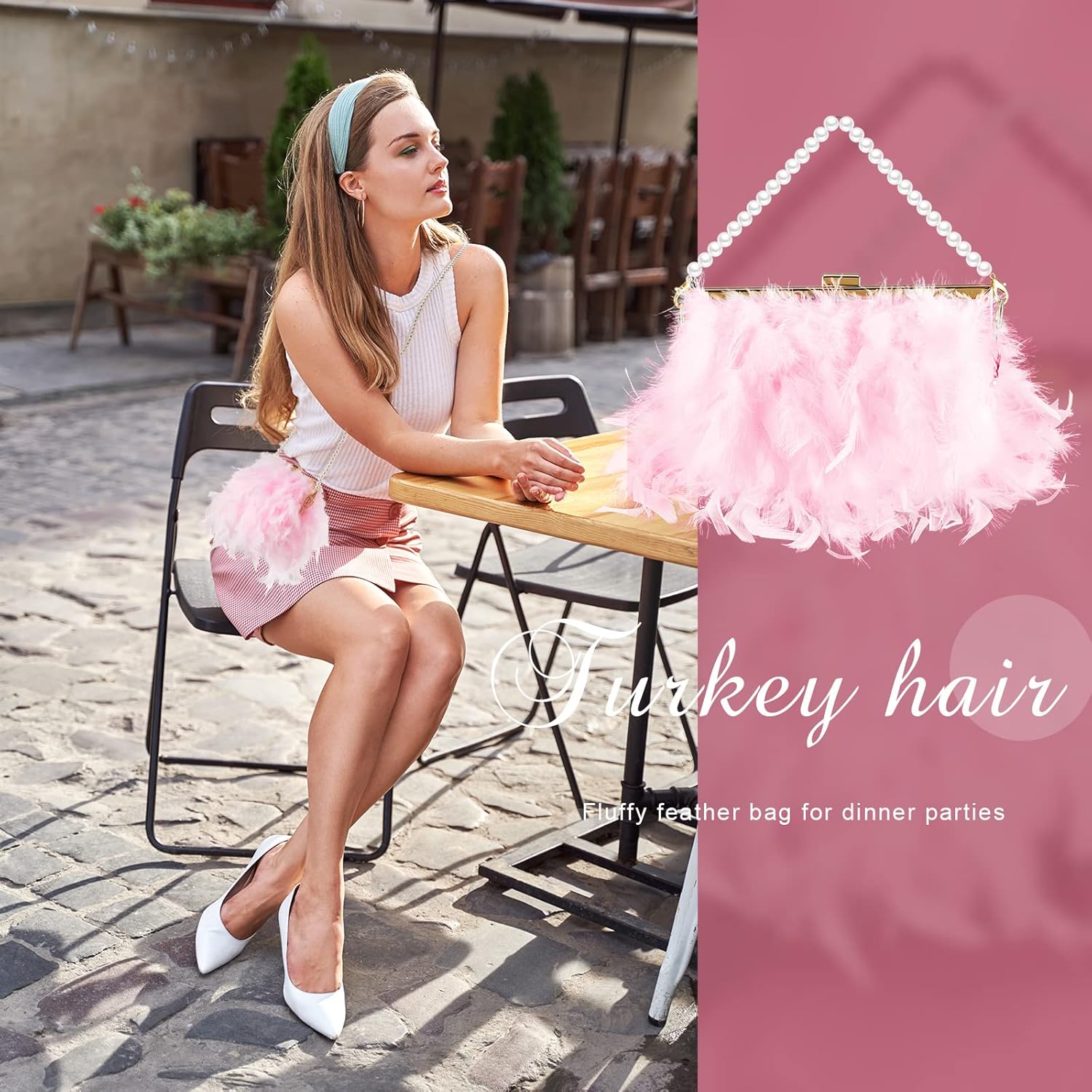 Feather Clutch Purses for Women, Evening Bags Furry Purse with 2 Chains Wedding Bride Fringe Glossy Designer Pink - Image 7