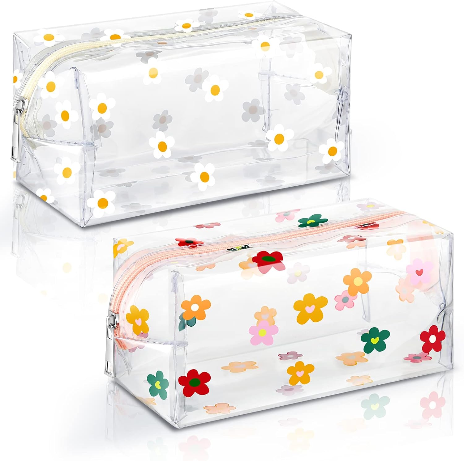 2 Pack Cute Flower Makeup Bags Daisy Zipper Pouches Floral Pencil Pouch Portable Toiletry for Women Travel Vacation Bathroom School Organizing(Daisy) - Image 1