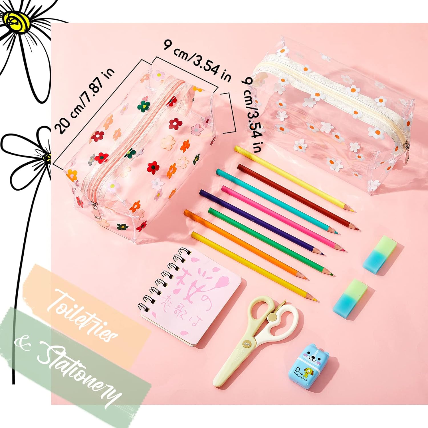 2 Pack Cute Flower Makeup Bags Daisy Zipper Pouches Floral Pencil Pouch Portable Toiletry for Women Travel Vacation Bathroom School Organizing(Daisy) - Image 2