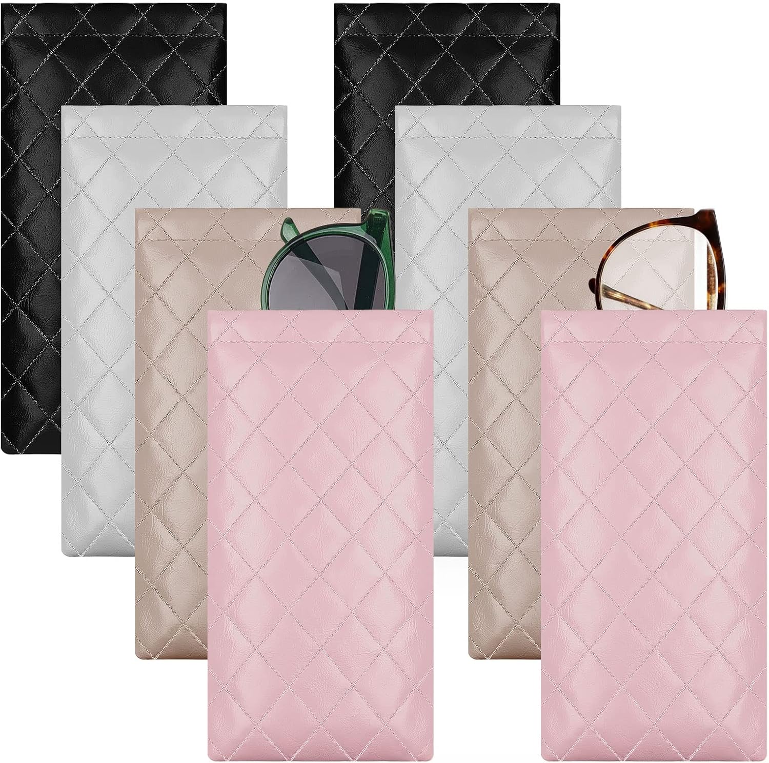 8 Pcs Squeeze Top Sunglasses Case Soft Leather Sunglass Pouch Portable Eyeglass Glasses Bag for Cosmetic Makeup Pink, Light Brown, White, Black - Image 1