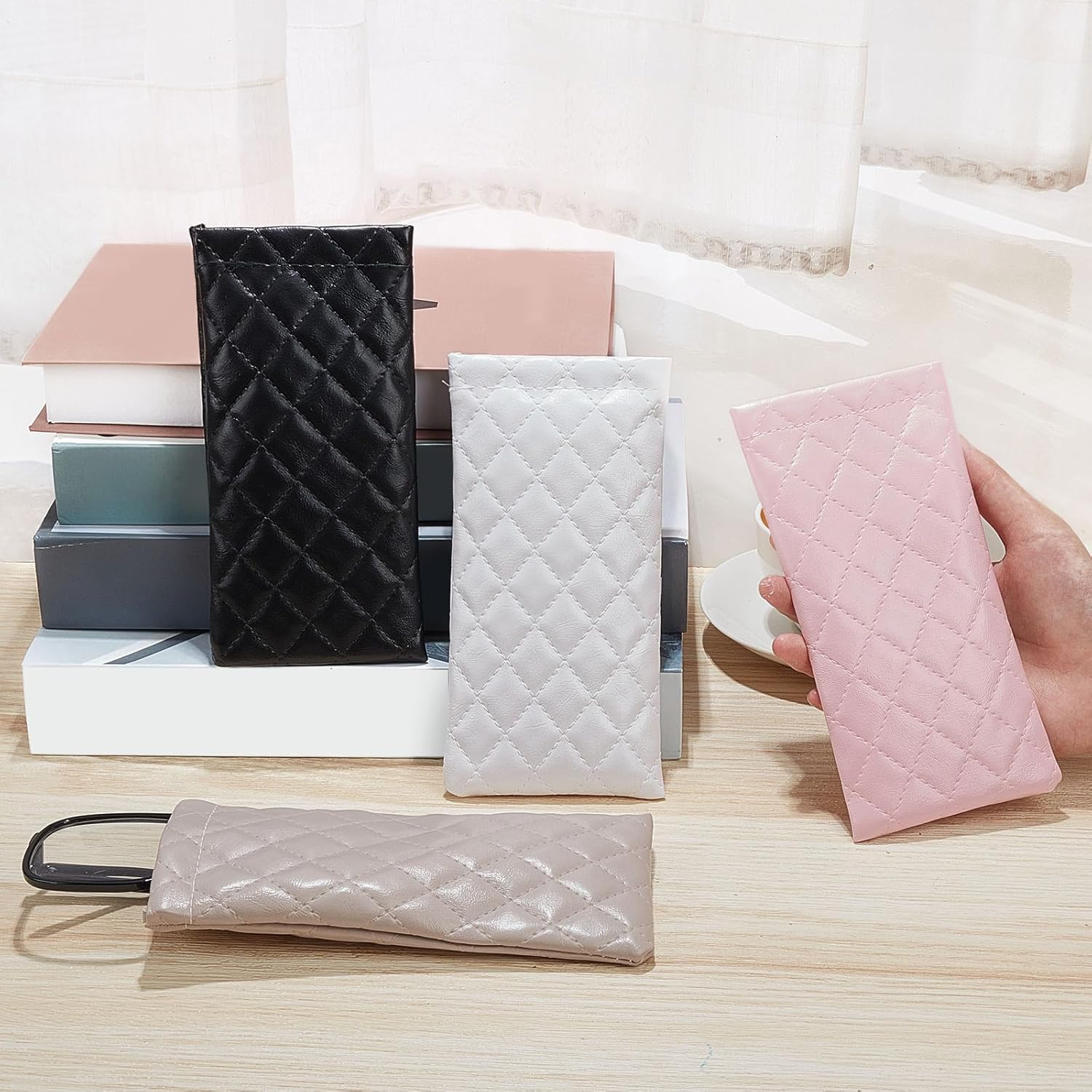 8 Pcs Squeeze Top Sunglasses Case Soft Leather Sunglass Pouch Portable Eyeglass Glasses Bag for Cosmetic Makeup Pink, Light Brown, White, Black - Image 4