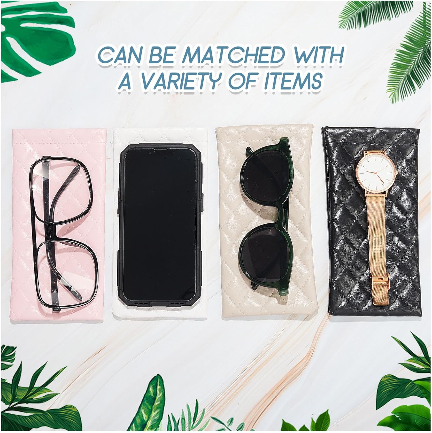 8 Pcs Squeeze Top Sunglasses Case Soft Leather Sunglass Pouch Portable Eyeglass Glasses Bag for Cosmetic Makeup Pink, Light Brown, White, Black - Image 6