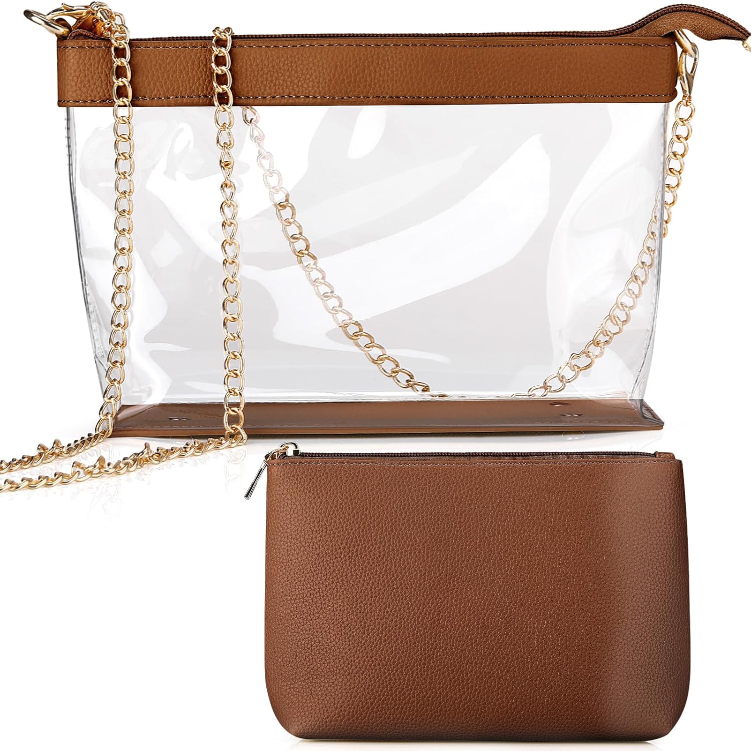 2 Pcs Clear Crossbody Bag for Women Stadium Approved Set Purse Handbags and Small Storage Pouch Brown - Image 1