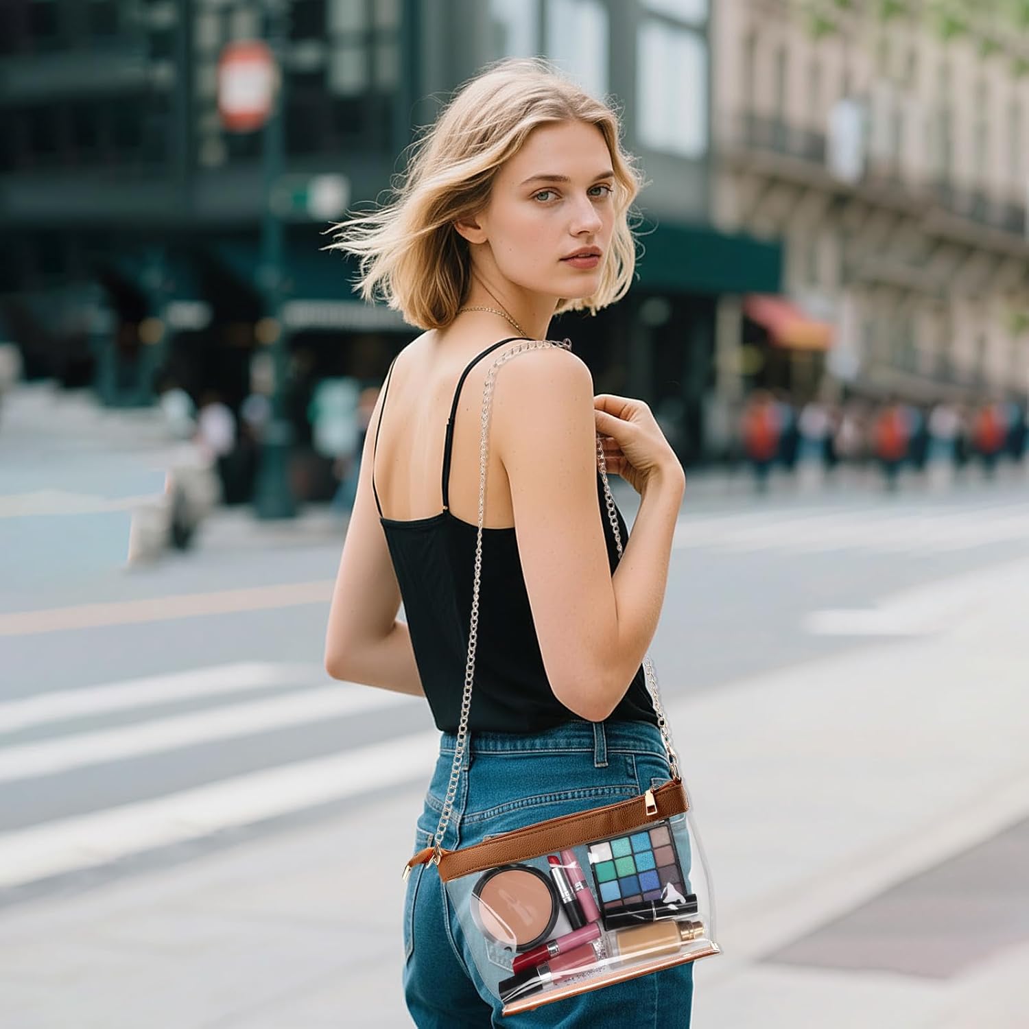 2 Pcs Clear Crossbody Bag for Women Stadium Approved Set Purse Handbags and Small Storage Pouch Brown - Image 3