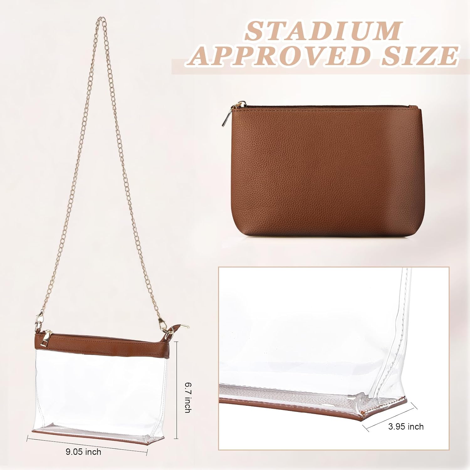 2 Pcs Clear Crossbody Bag for Women Stadium Approved Set Purse Handbags and Small Storage Pouch Brown - Image 4