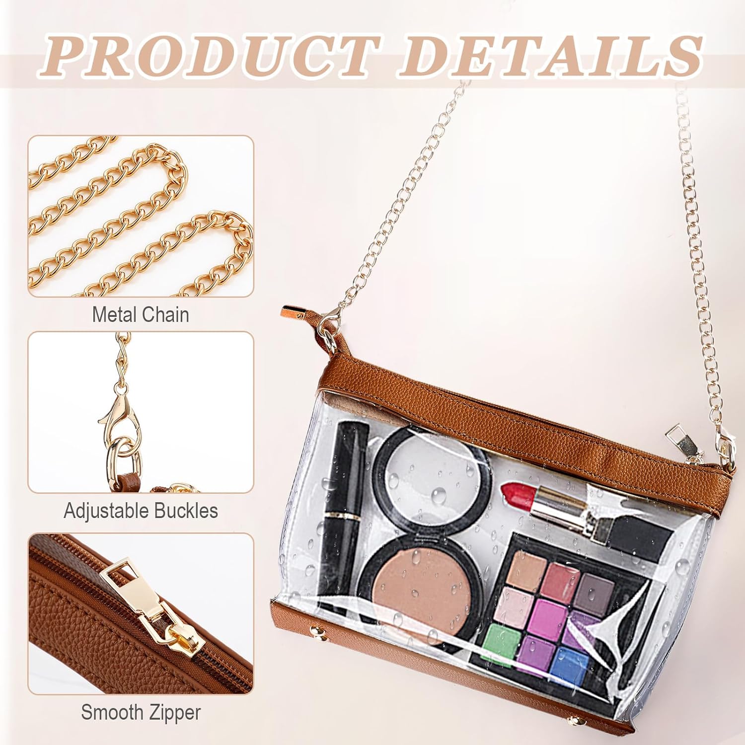 2 Pcs Clear Crossbody Bag for Women Stadium Approved Set Purse Handbags and Small Storage Pouch Brown - Image 5