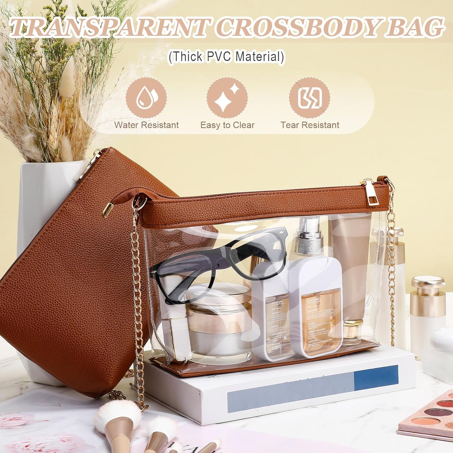 2 Pcs Clear Crossbody Bag for Women Stadium Approved Set Purse Handbags and Small Storage Pouch Brown - Image 6