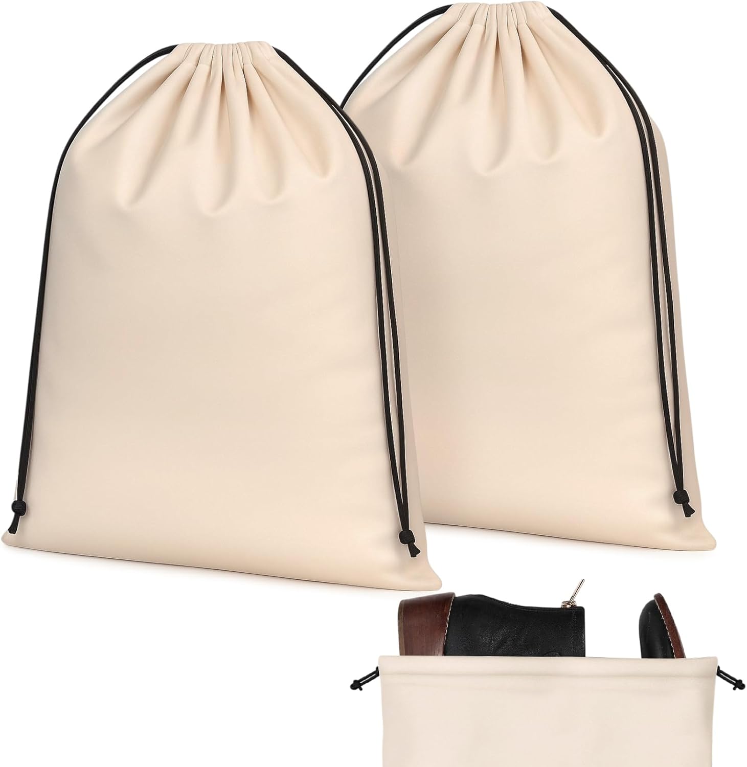 2 Pcs Silky Velvet Shoe Bags for Travel Cloth Dust Pouch with Drawstring Closure Beige Storage Packing Organizers - Image 1