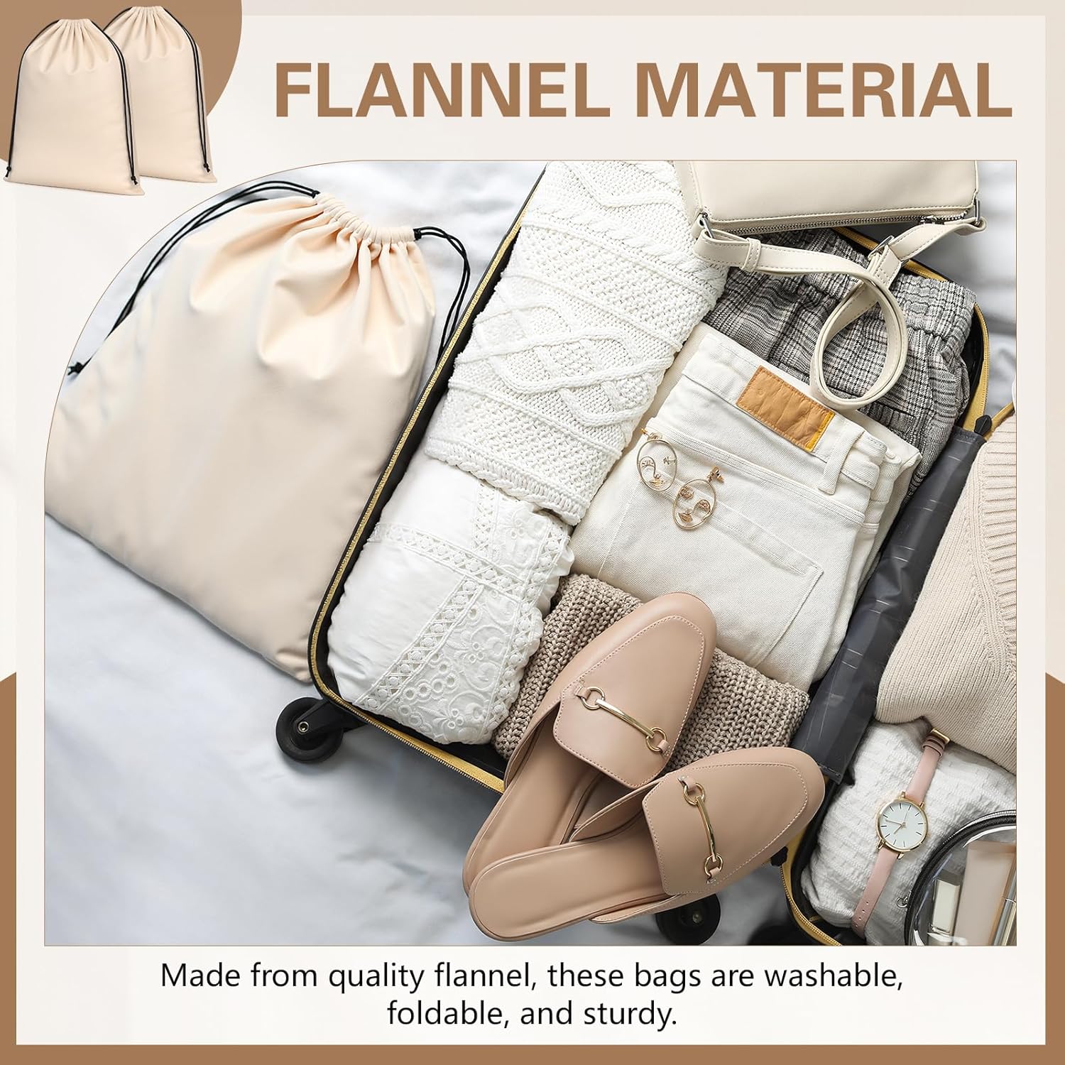 2 Pcs Silky Velvet Shoe Bags for Travel Cloth Dust Pouch with Drawstring Closure Beige Storage Packing Organizers - Image 2