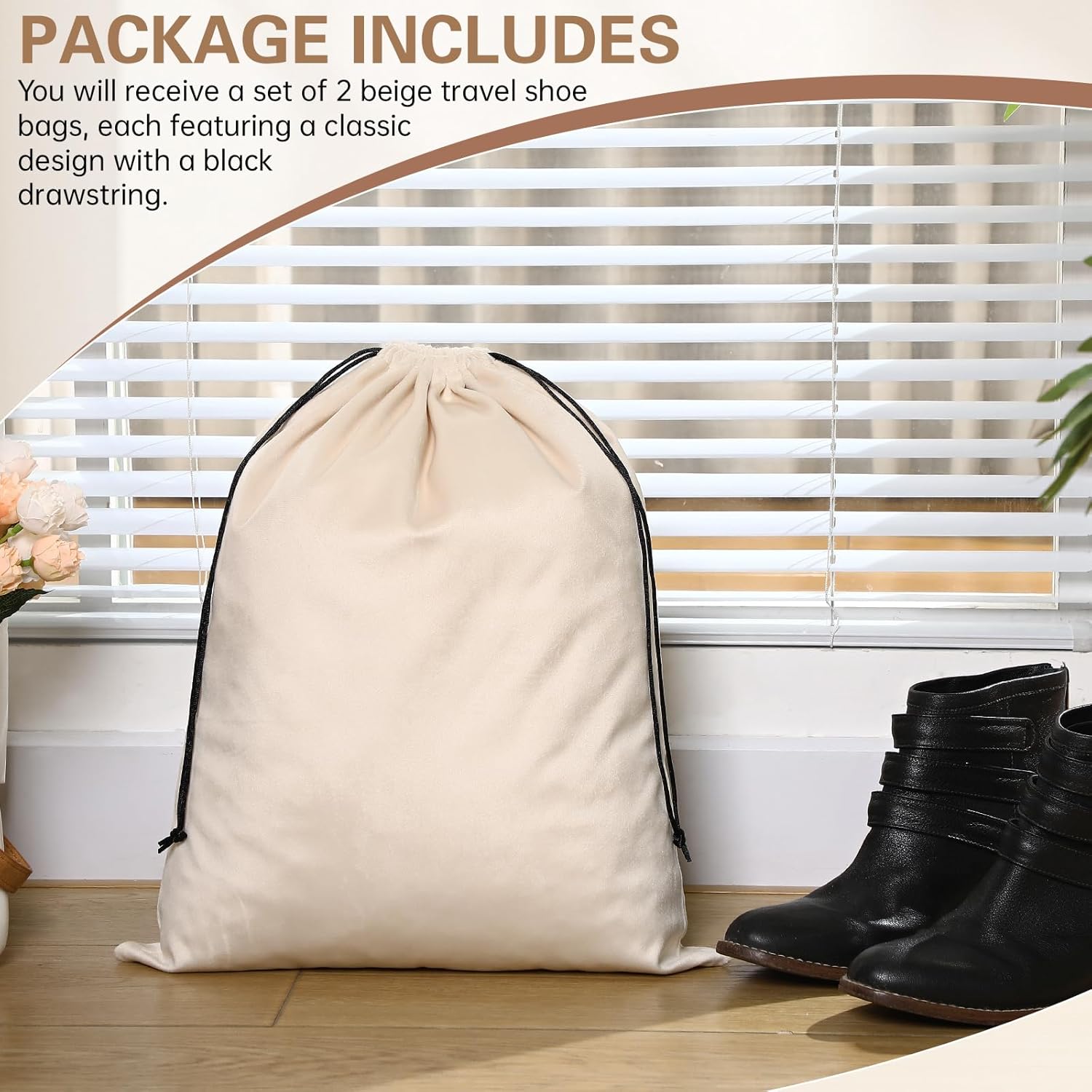 2 Pcs Silky Velvet Shoe Bags for Travel Cloth Dust Pouch with Drawstring Closure Beige Storage Packing Organizers - Image 3
