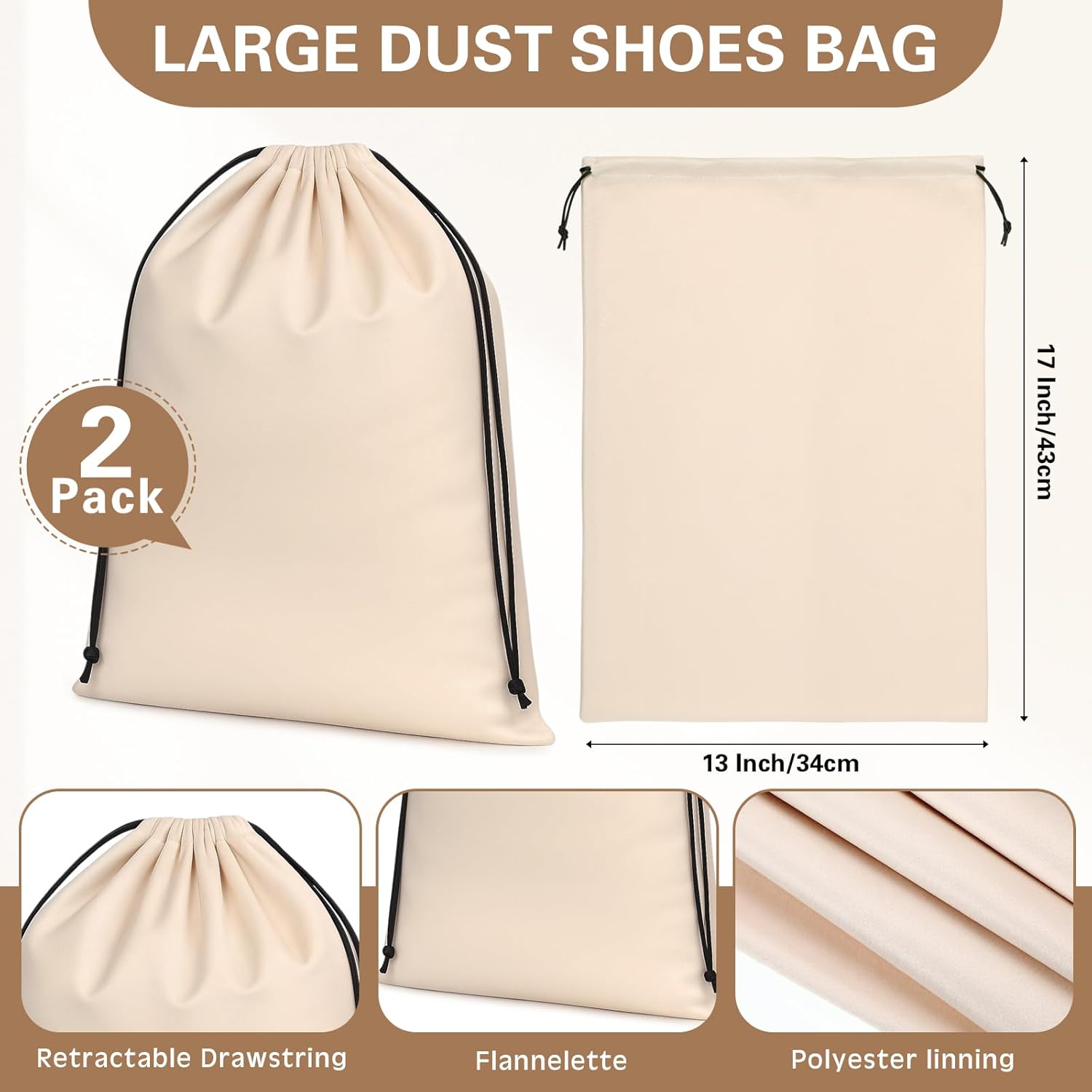 2 Pcs Silky Velvet Shoe Bags for Travel Cloth Dust Pouch with Drawstring Closure Beige Storage Packing Organizers - Image 4