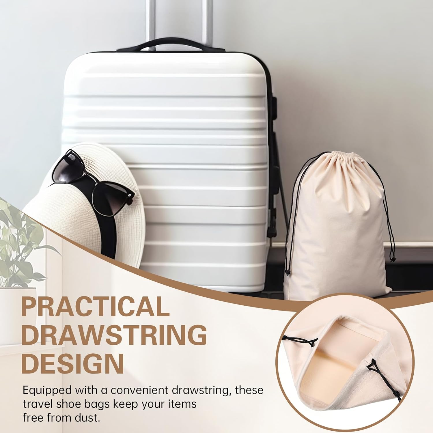 2 Pcs Silky Velvet Shoe Bags for Travel Cloth Dust Pouch with Drawstring Closure Beige Storage Packing Organizers - Image 6