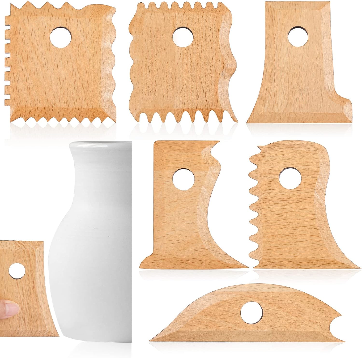 7 Pcs Pottery Tools Foot Shaper Trimming Profile Rib Bundle for Ceramics Carving Clay Molds Texture Ribs Ceramics, Beech Wood (Stylish Style,Wood Color) Color Stylish Style - Image 1