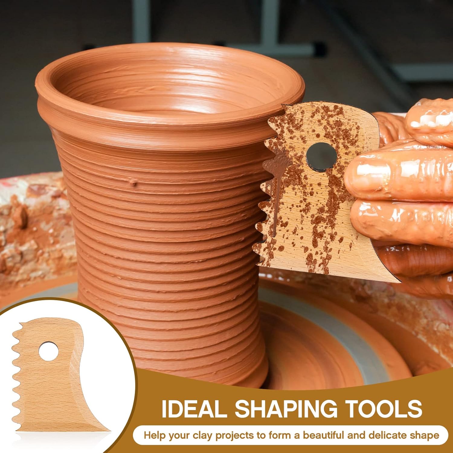7 Pcs Pottery Tools Foot Shaper Trimming Profile Rib Bundle for Ceramics Carving Clay Molds Texture Ribs Ceramics, Beech Wood (Stylish Style,Wood Color) Color Stylish Style - Image 4