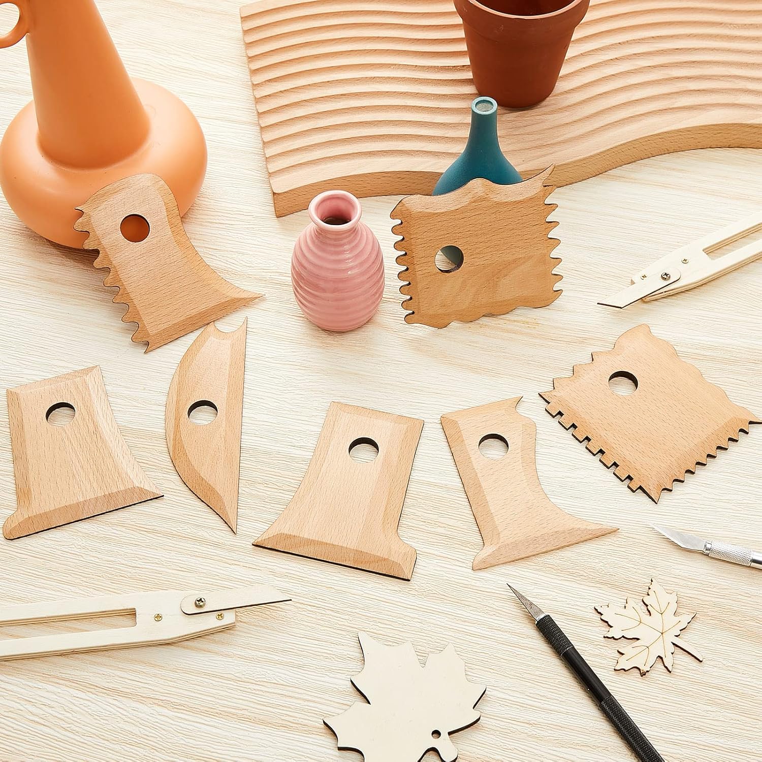 7 Pcs Pottery Tools Foot Shaper Trimming Profile Rib Bundle for Ceramics Carving Clay Molds Texture Ribs Ceramics, Beech Wood (Stylish Style,Wood Color) Color Stylish Style - Image 7