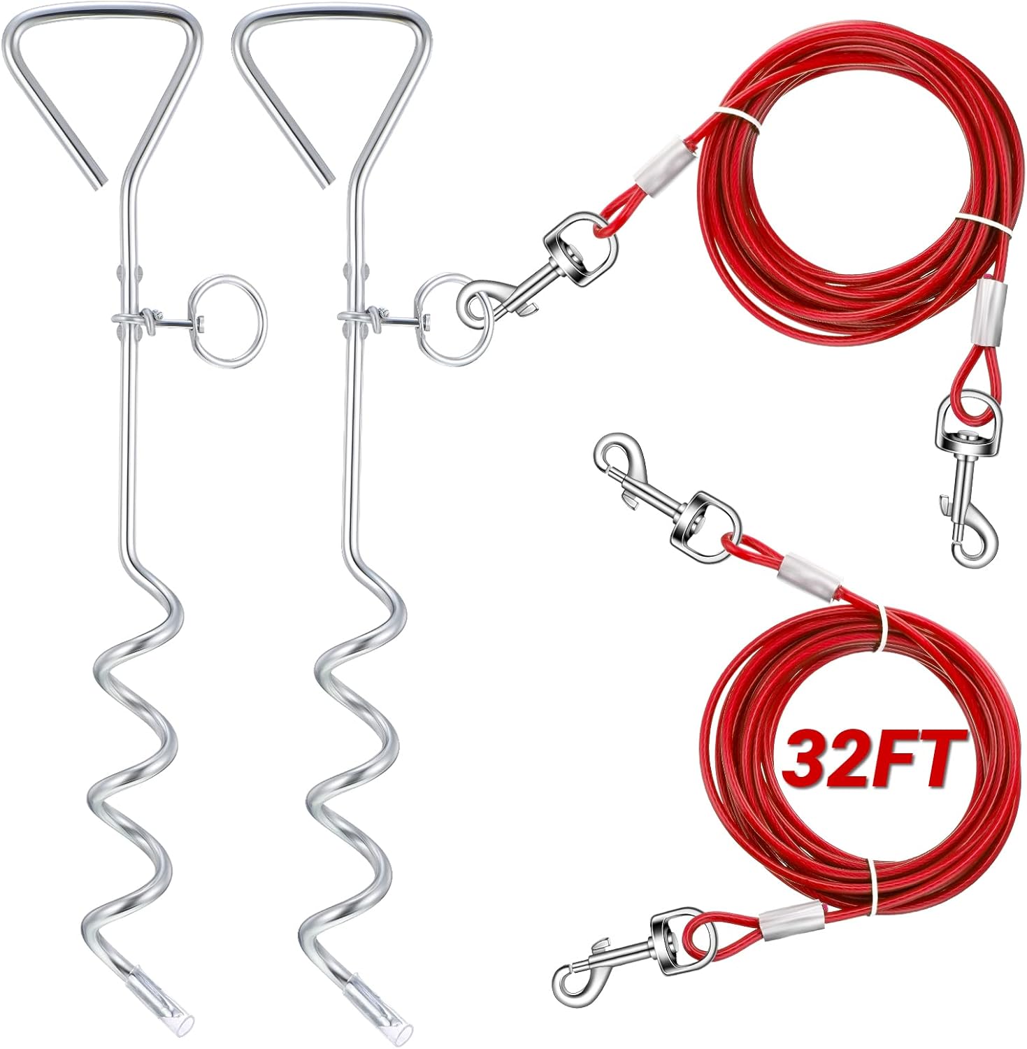 2 Set Dog Tie Out Cable and Stake - 30ft Leash Chain, 16