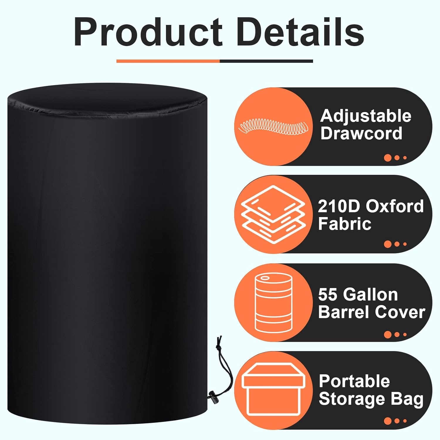 55 Gallon Drum Cover, 210D Oxford Cloth Water Storage Barrel 25 x 37 Inch Outdoor Waterproof Rain Snow Bucket lid with Drawstring, UV Protection, Anti Dust(2 Pcs) - Image 4
