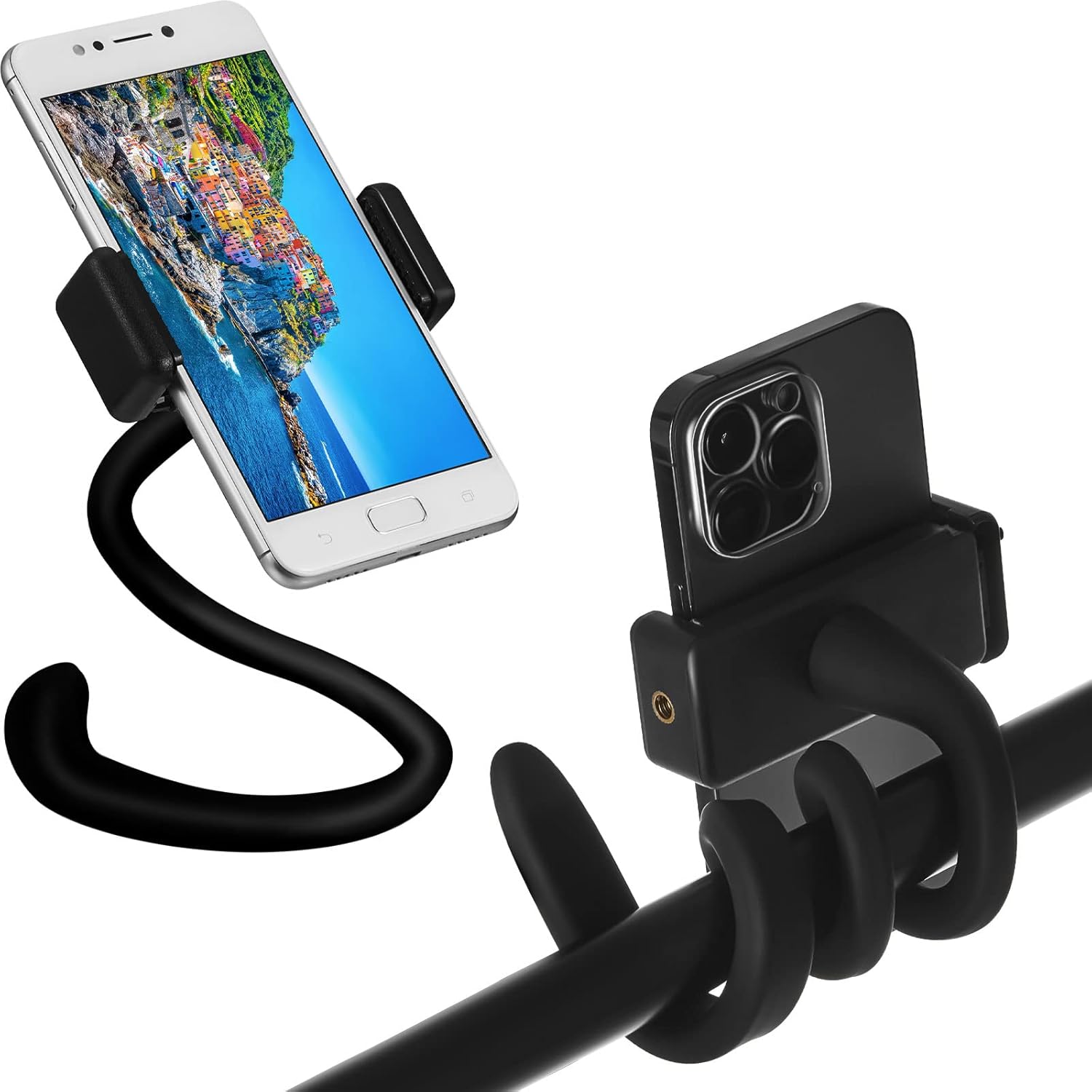 2 Pcs Stroller Phone Holder Portable Cell Stand Universal Accessories for Parent Baby Toddler Cellphone Clamp with Non Slip Silicone Arm Grip(Black,Novel) Black - Image 1