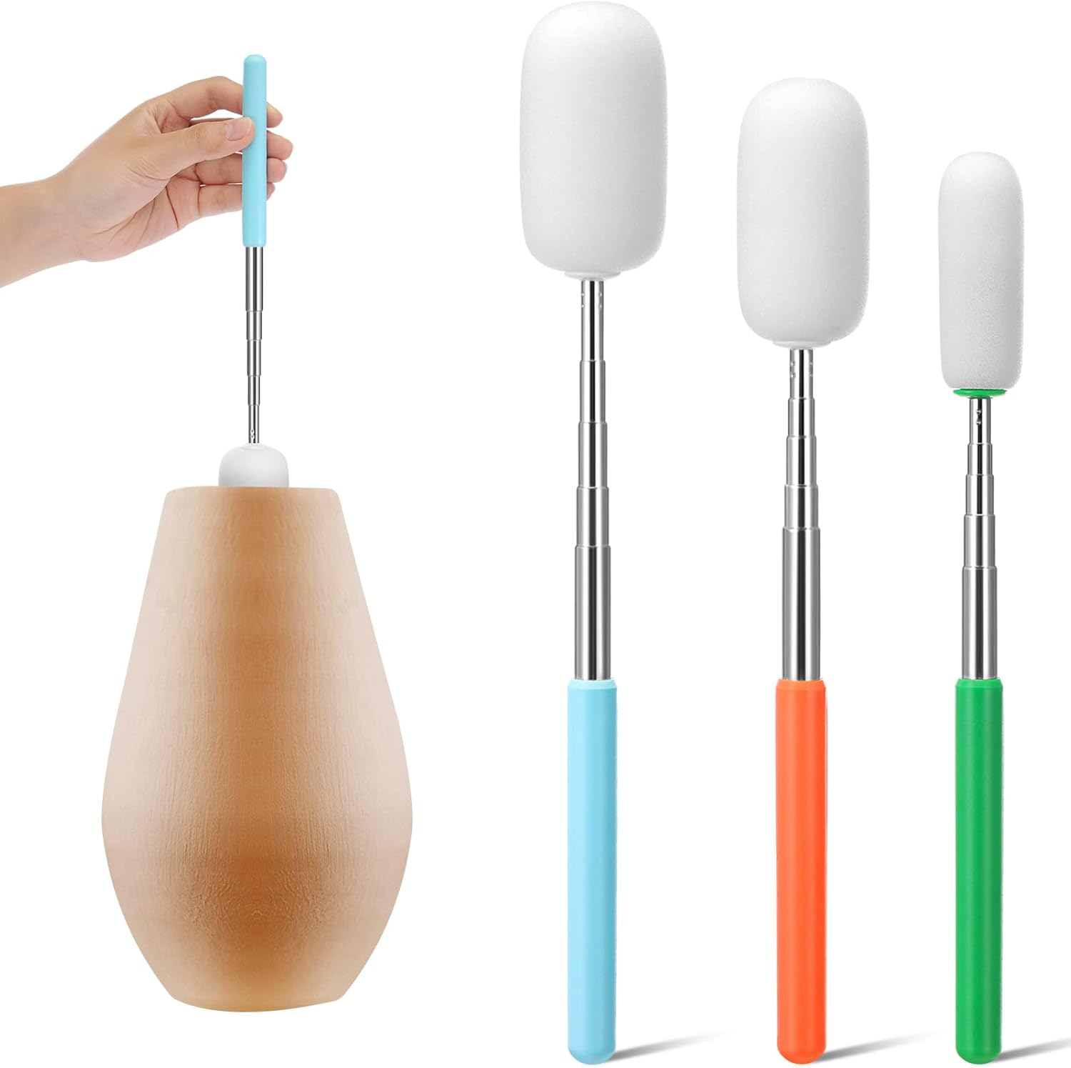 3 Pcs Telescoping Sponge Stick for Pottery 27 Inches Long Detachable Sponges Removing Excess Water, Shaping Tall/Narrow Vessels and Cleaning(Light Color) Light Color - Image 1