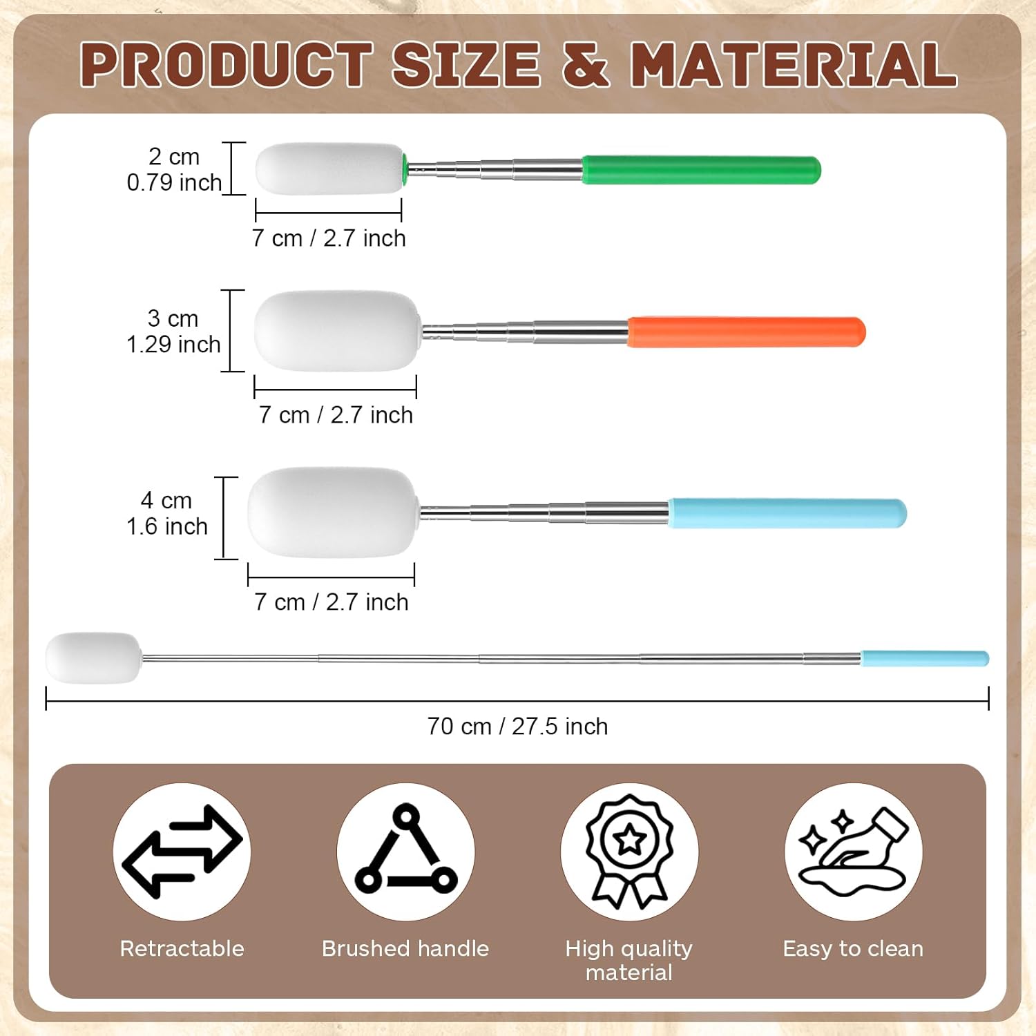 3 Pcs Telescoping Sponge Stick for Pottery 27 Inches Long Detachable Sponges Removing Excess Water, Shaping Tall/Narrow Vessels and Cleaning(Light Color) Light Color - Image 2