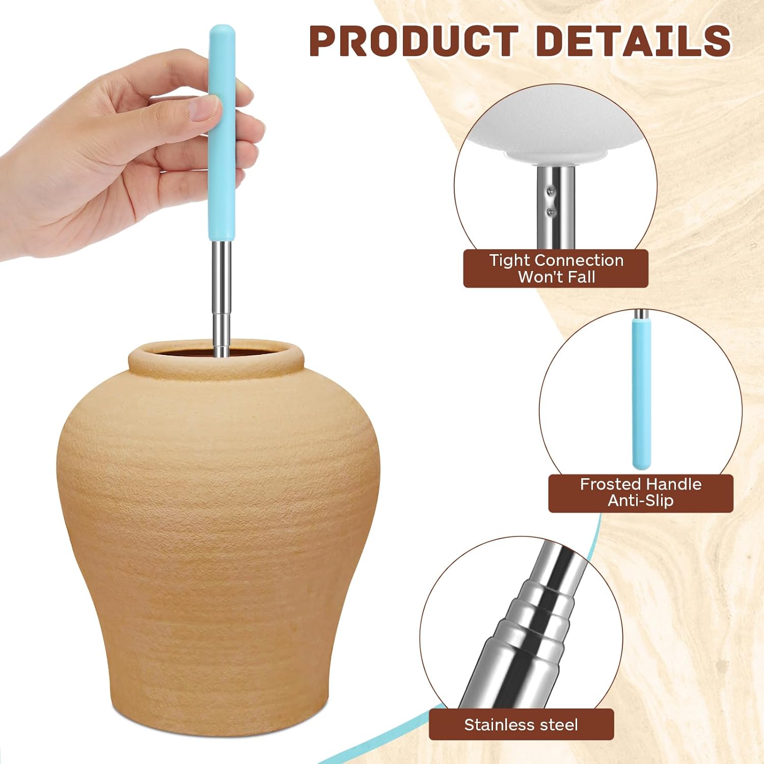 3 Pcs Telescoping Sponge Stick for Pottery 27 Inches Long Detachable Sponges Removing Excess Water, Shaping Tall/Narrow Vessels and Cleaning(Light Color) Light Color - Image 3