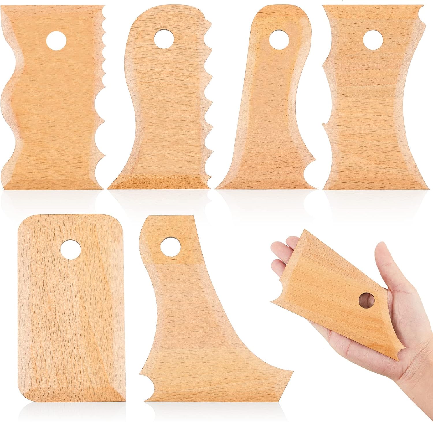 7 pcs Big Size Pottery Foot Shaper Tools Trimming Ceramics Profile Rib Bundle for Carving Clay Molds Ceramics, Beech Wood - Image 1