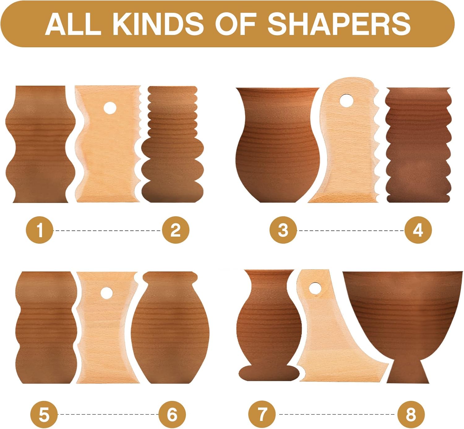 7 pcs Big Size Pottery Foot Shaper Tools Trimming Ceramics Profile Rib Bundle for Carving Clay Molds Ceramics, Beech Wood - Image 3