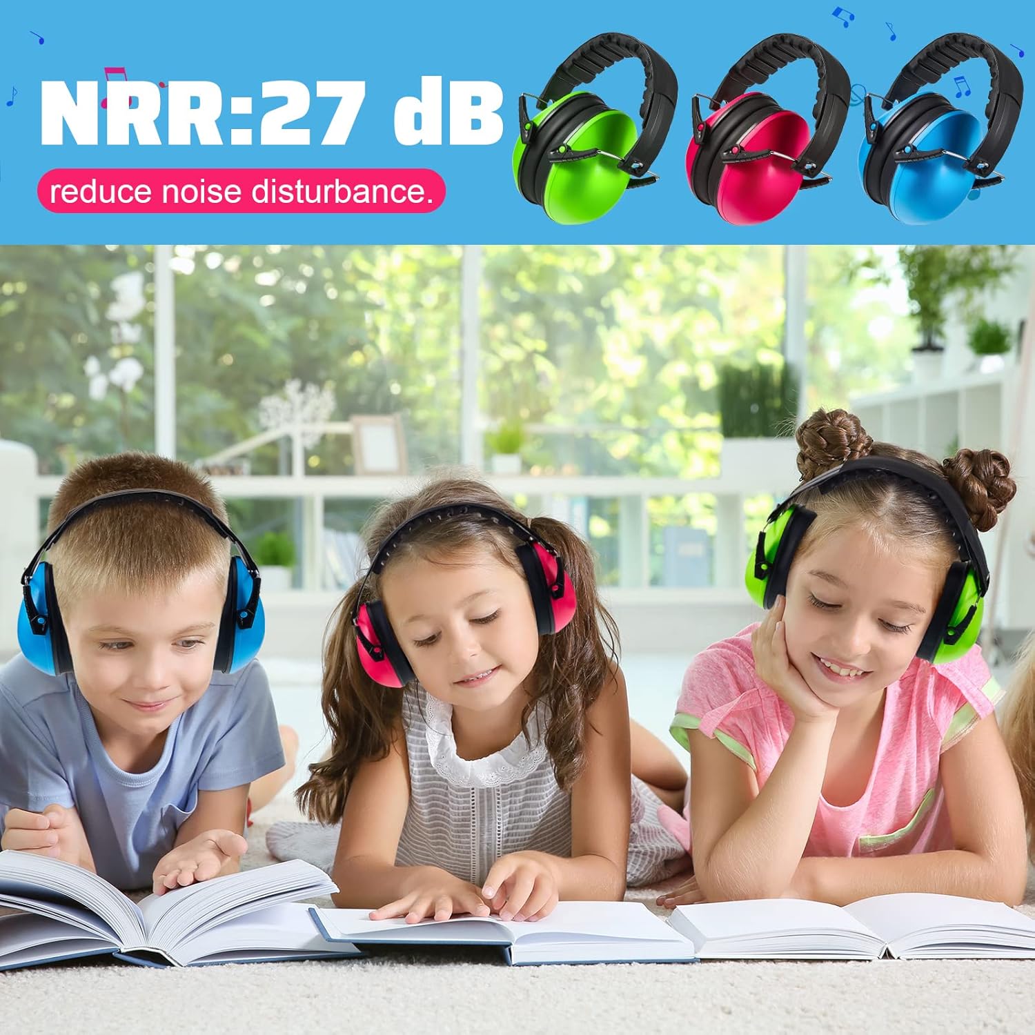 6 Pcs Noise Cancelling Headphones Kids Adult Ear Muffs Bulk, Protection 27db Reduction Hearing Earmuff(Novel Style,Green Pink Blue) Green Blue - Image 5