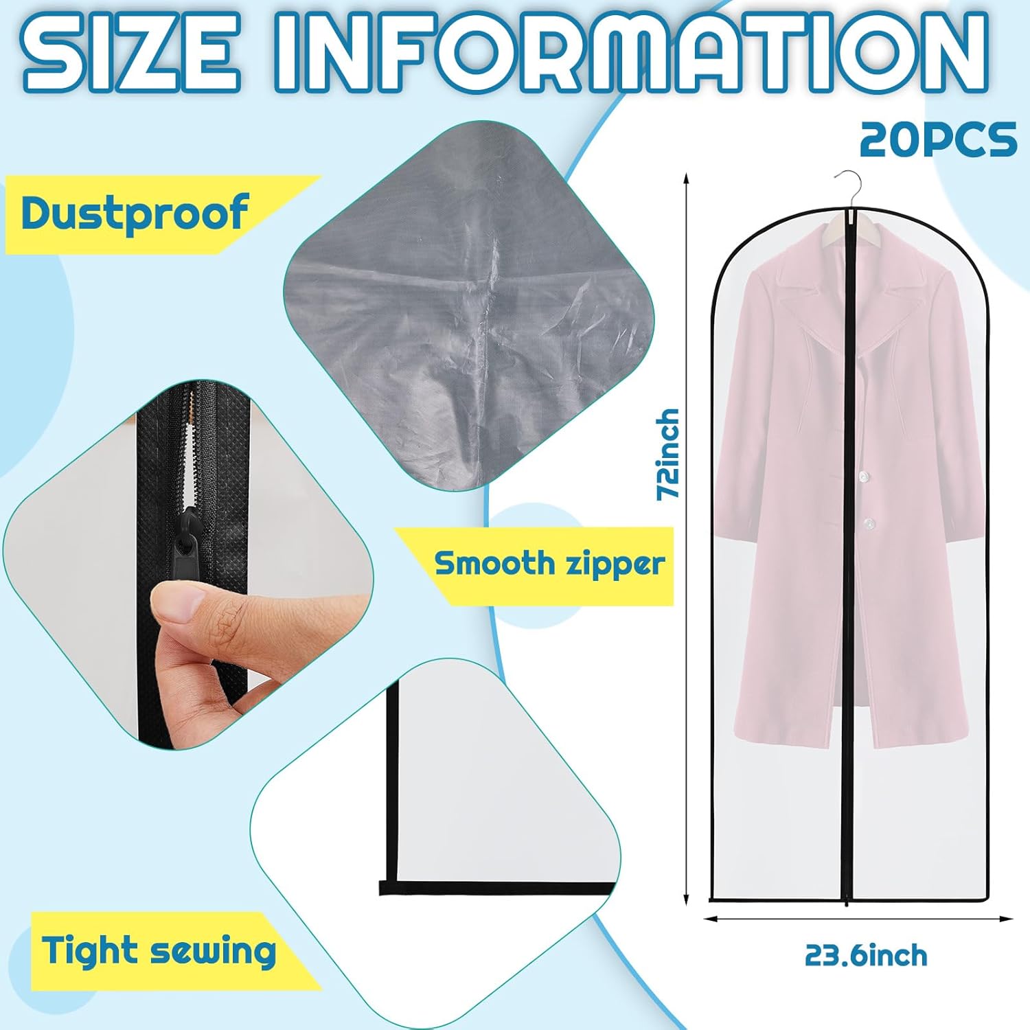 20 Pcs 24 x 72 Inch Garment Bags Bulk Hanging Clothes Storage Covers for Closet Organization Dustproof Transparent Dress Suit Bag Set Wedding Dresses Long Gowns Coats Seasonal Wardrobe White Black - Image 2