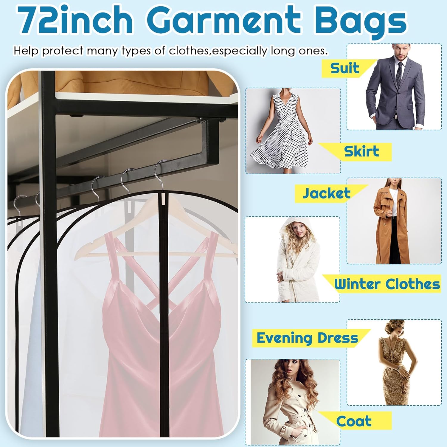 20 Pcs 24 x 72 Inch Garment Bags Bulk Hanging Clothes Storage Covers for Closet Organization Dustproof Transparent Dress Suit Bag Set Wedding Dresses Long Gowns Coats Seasonal Wardrobe White Black - Image 3