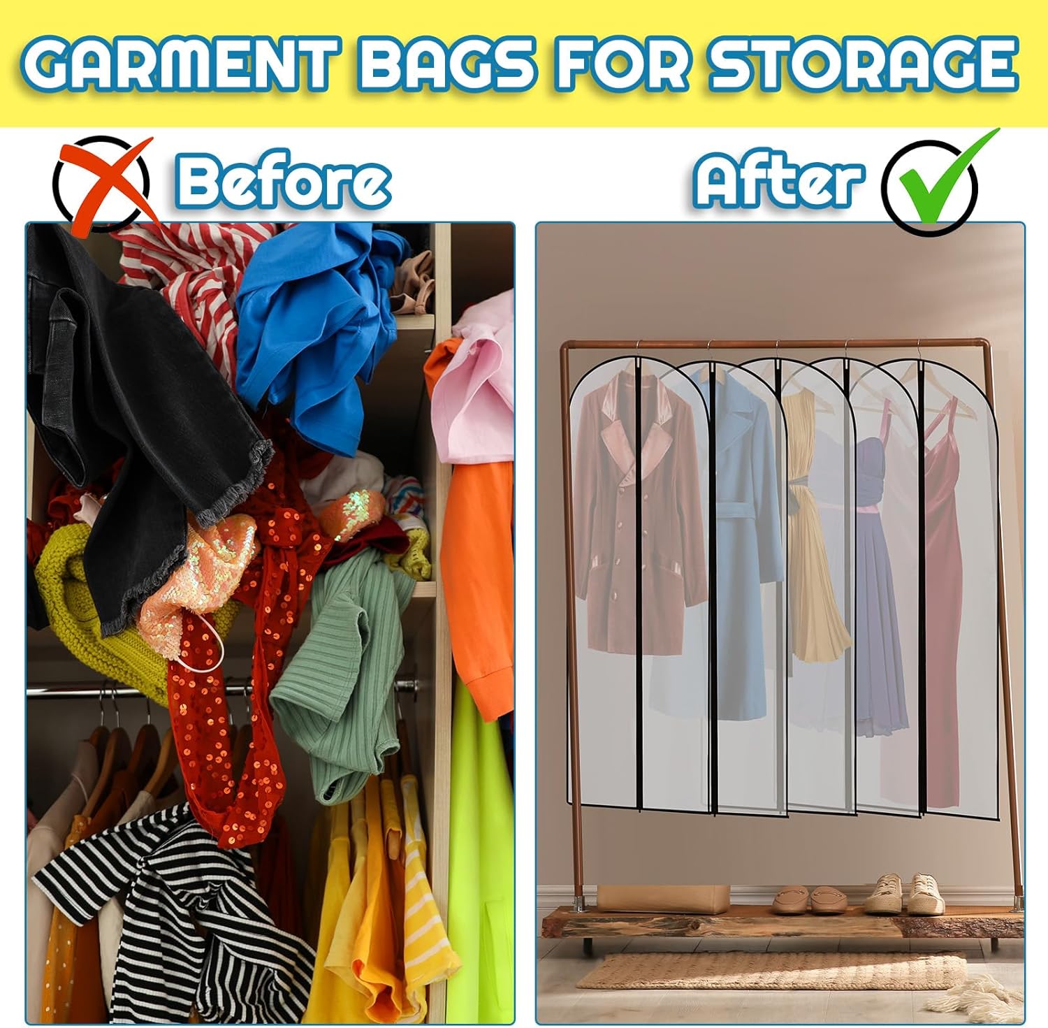 20 Pcs 24 x 72 Inch Garment Bags Bulk Hanging Clothes Storage Covers for Closet Organization Dustproof Transparent Dress Suit Bag Set Wedding Dresses Long Gowns Coats Seasonal Wardrobe White Black - Image 6