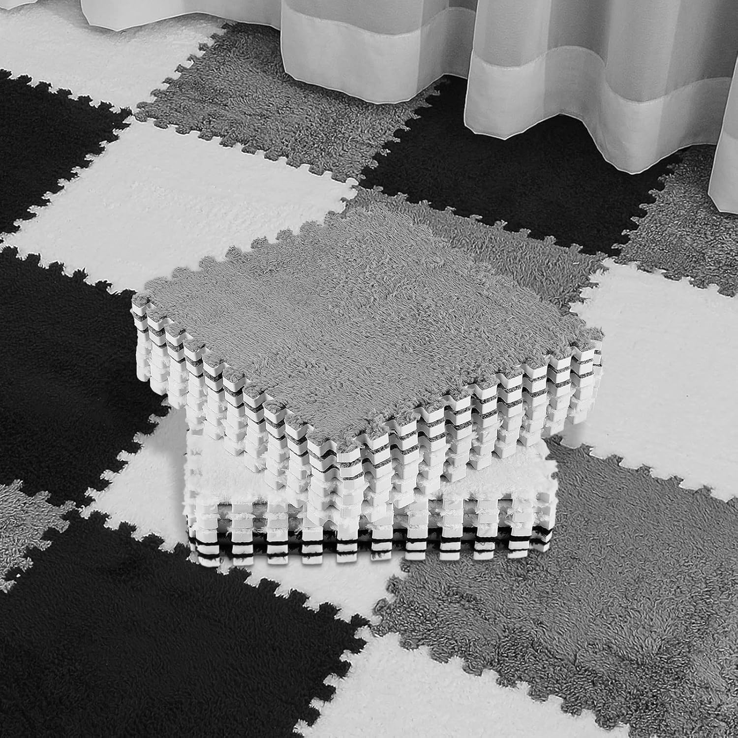 36 Pack Plush Foam Floor Mat Square Interlocking Carpet Tiles with Border Fluffy Play Soft Climbing Rugs for Bedroom Playroom, 12 x 0.4 in(Black, White, Gray) Black, Gray - Image 1