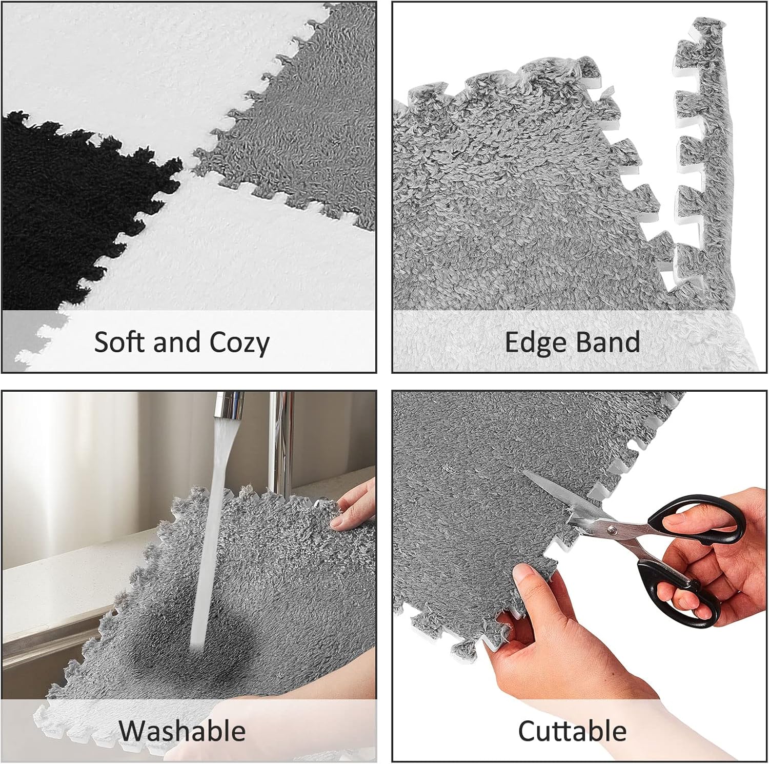 36 Pack Plush Foam Floor Mat Square Interlocking Carpet Tiles with Border Fluffy Play Soft Climbing Rugs for Bedroom Playroom, 12 x 0.4 in(Black, White, Gray) Black, Gray - Image 3