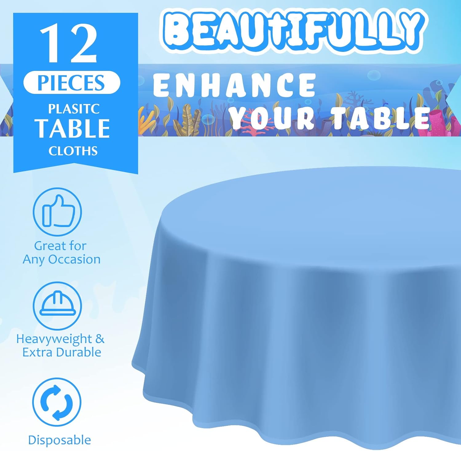 12 Pcs Ocean Theme Round Tablecloth,disposable Assorted Blue Tablecloth, Plastic Light Table Covers for Under the Sea Beach Surf Pool Party Birthday Decoration, 84