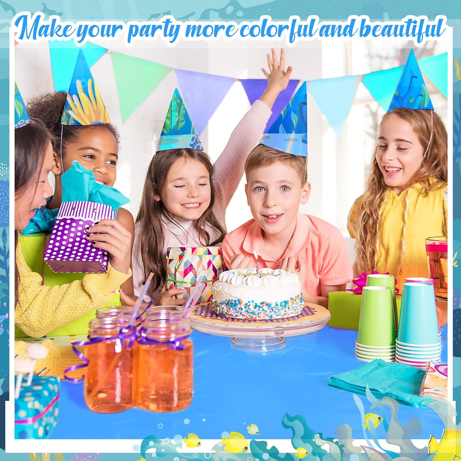 12 Pcs Ocean Theme Round Tablecloth,disposable Assorted Blue Tablecloth, Plastic Light Table Covers for Under the Sea Beach Surf Pool Party Birthday Decoration, 84