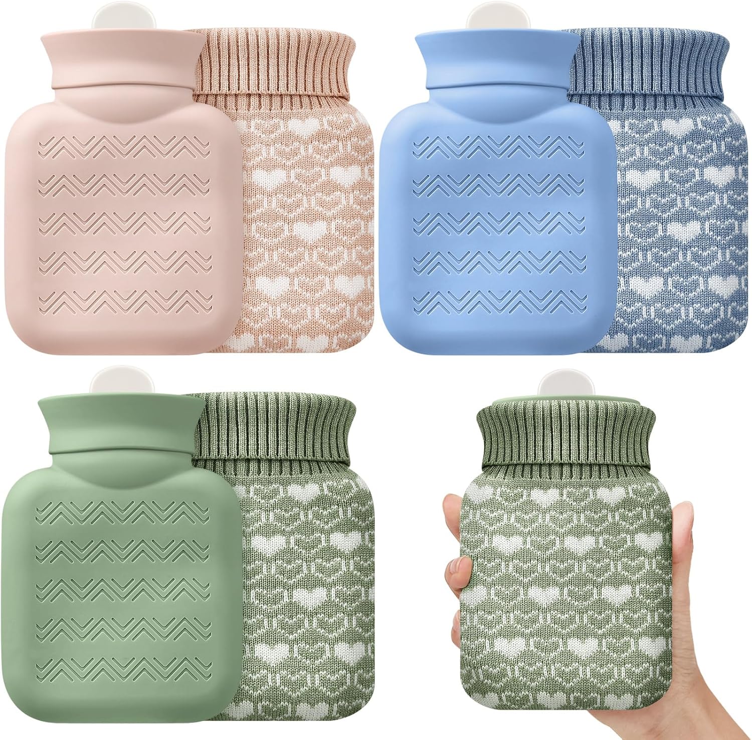 3 Pcs Mini Hot Water Bottle for & Cold Compress with Cover 320ml Silicone Microwave Heating Bottles Small Bag Travel Holiday Gift(Beige, Green, Blue,Heart Print) Beige, Blue Heart Print - Image 1