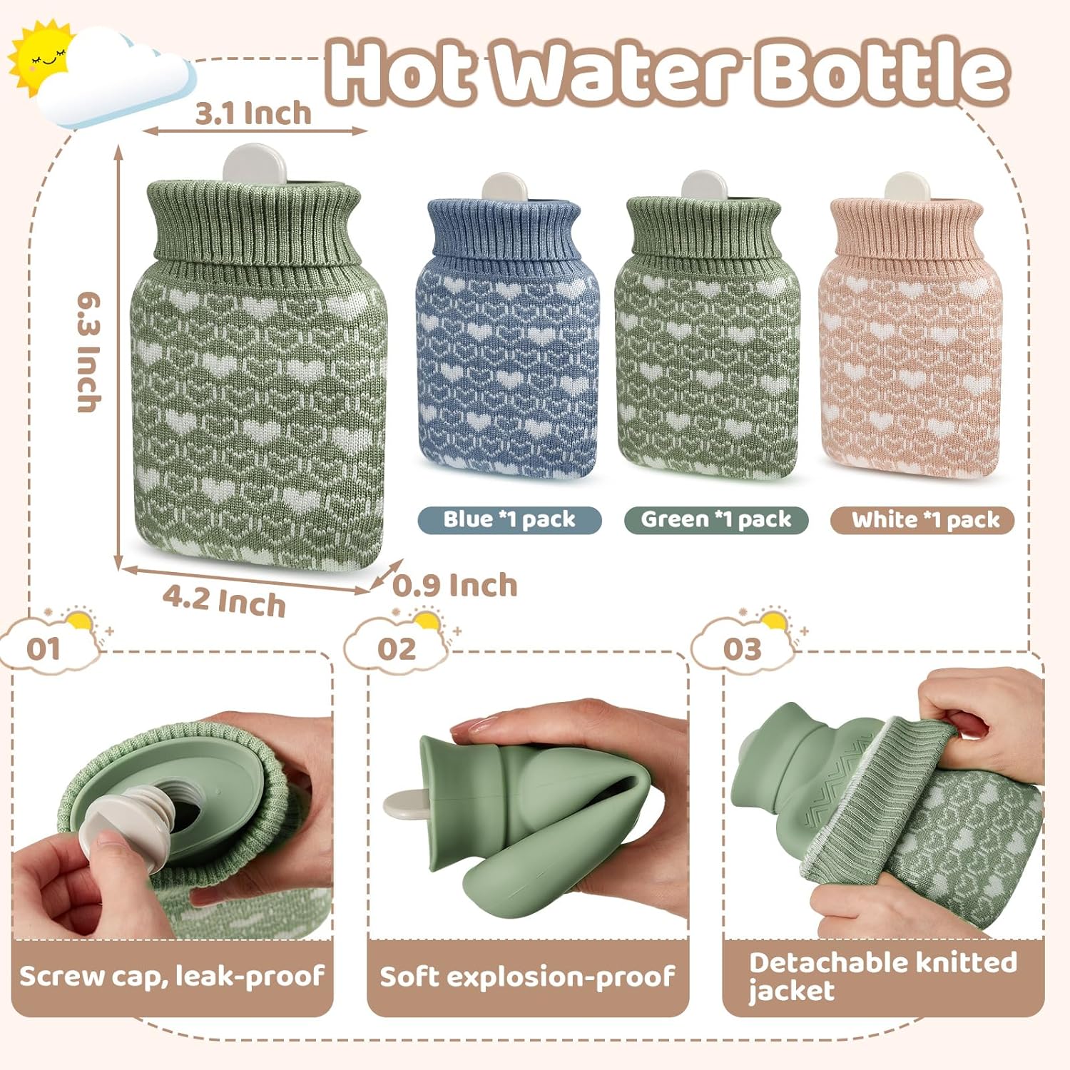 3 Pcs Mini Hot Water Bottle for & Cold Compress with Cover 320ml Silicone Microwave Heating Bottles Small Bag Travel Holiday Gift(Beige, Green, Blue,Heart Print) Beige, Blue Heart Print - Image 2