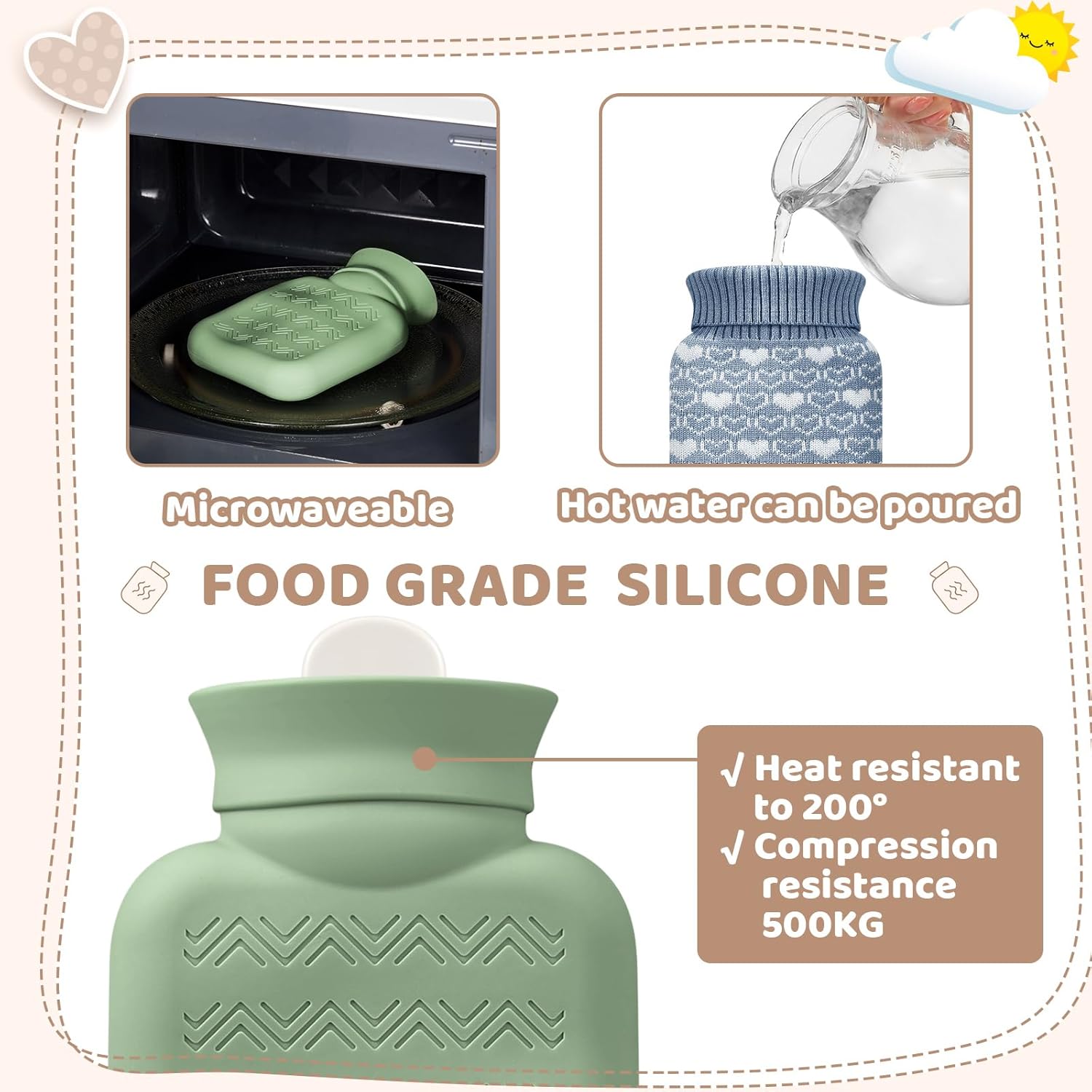 3 Pcs Mini Hot Water Bottle for & Cold Compress with Cover 320ml Silicone Microwave Heating Bottles Small Bag Travel Holiday Gift(Beige, Green, Blue,Heart Print) Beige, Blue Heart Print - Image 3